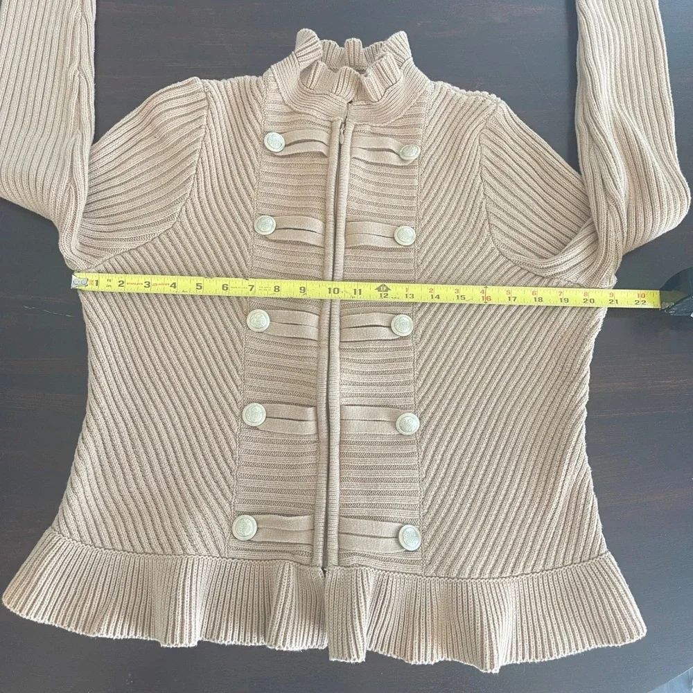 ROAMANS Womens Military Style Cardigan Sweater Beige Ruffle Collar Buttons‎